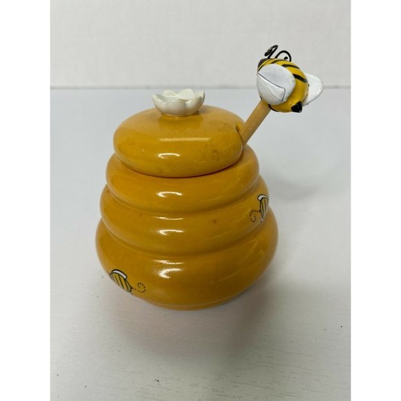 Ceramic Honey Miel Jar Honey Pot Bee Dipper And Bee Hive With Daisy - Picture 5 of 9
